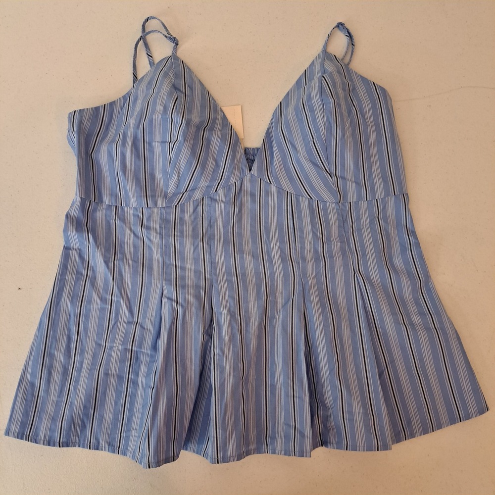 A New Day‎ Peplum Cami Women Large Blue New Striped Smocked V-Neck 1029-200-B45
